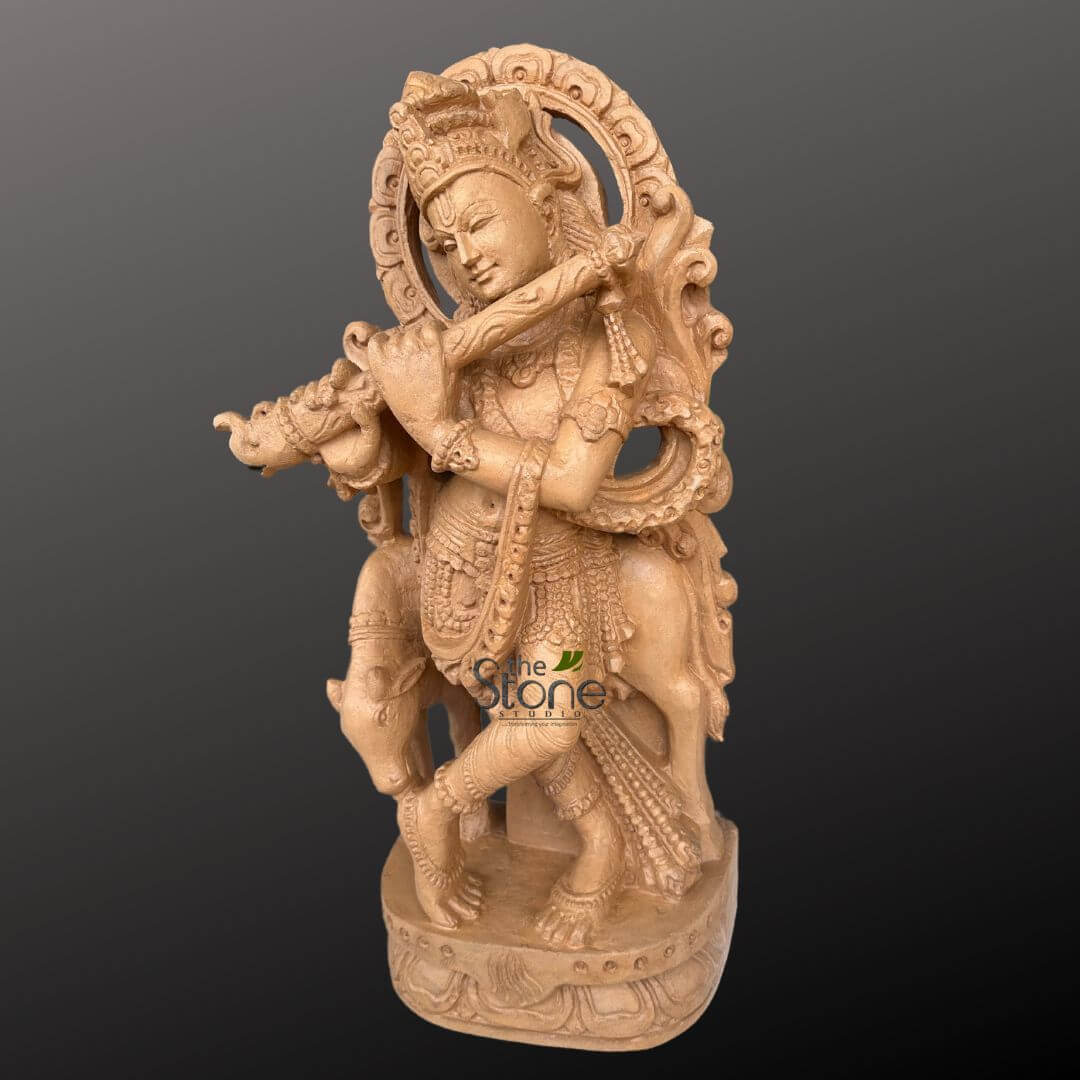 Stone Krishna with cow statue 2ft