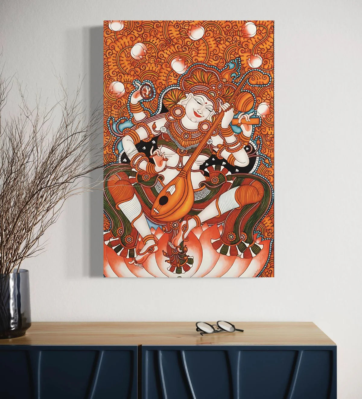 Goddess Saraswati Sitar Art: Vibrant Kerala Mural Canvas