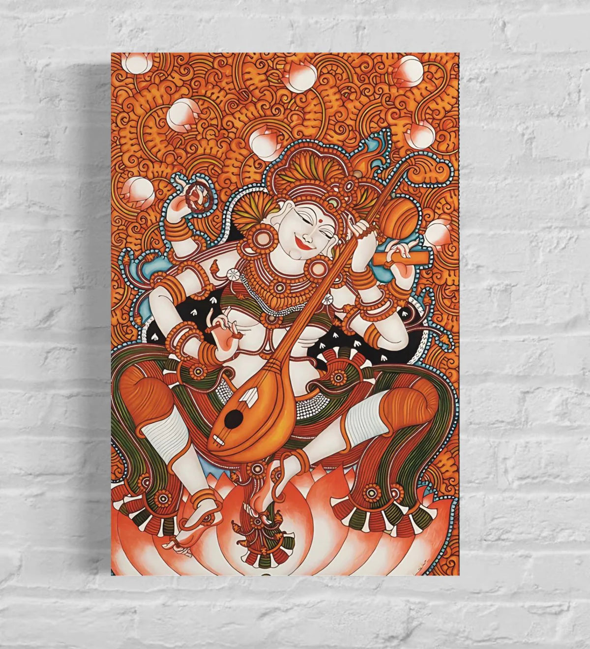 Goddess Saraswati Sitar Art: Vibrant Kerala Mural Canvas