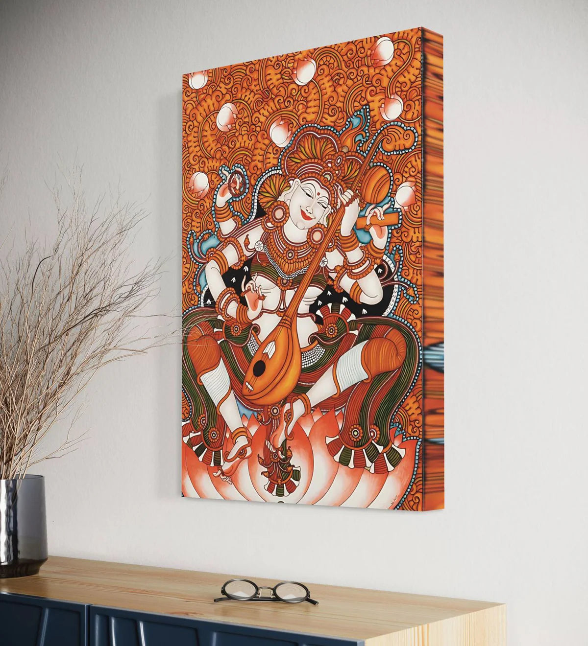 Goddess Saraswati Sitar Art: Vibrant Kerala Mural Canvas