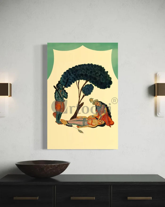 Savitri begs Yama not to take Satyavan, a scene from the Mahabharata Kalighat Painting Canvas Giclee Print