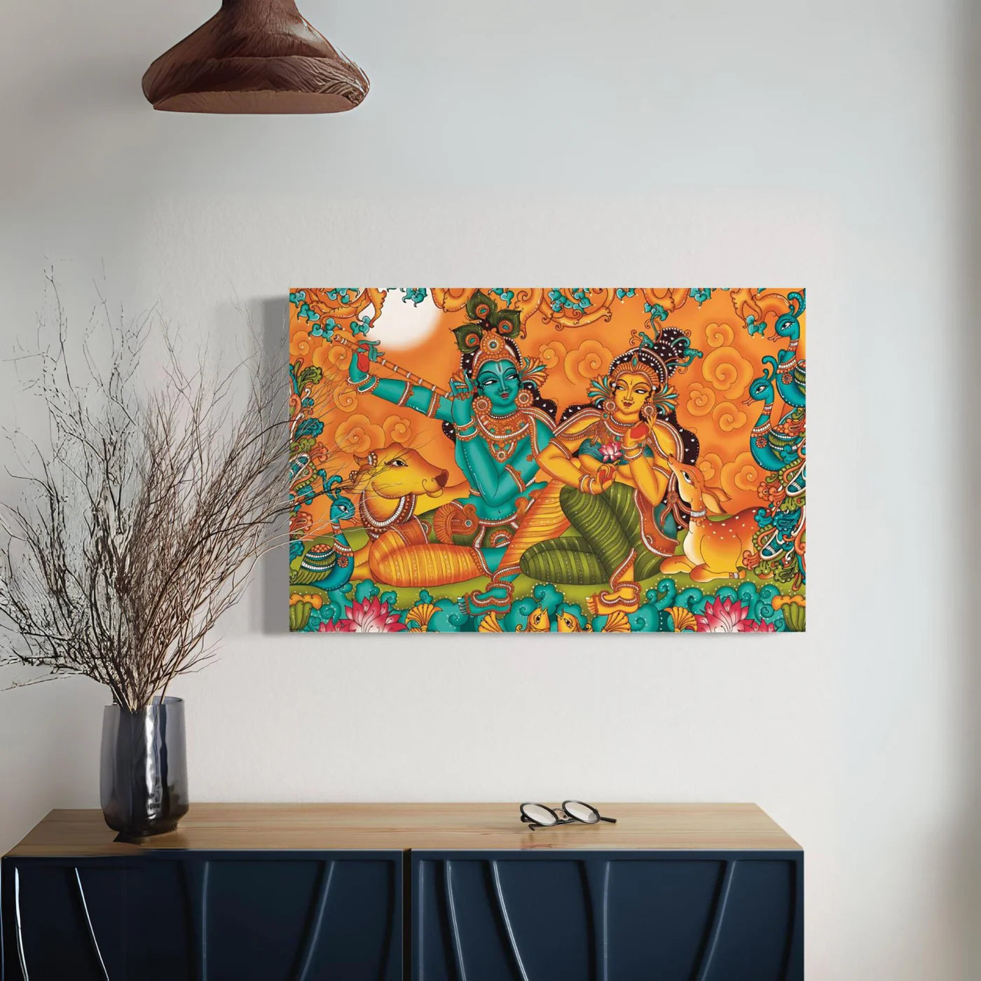 Melodic Serenity Kerala Mural Radha Krishna Bansuri Canvas Painting