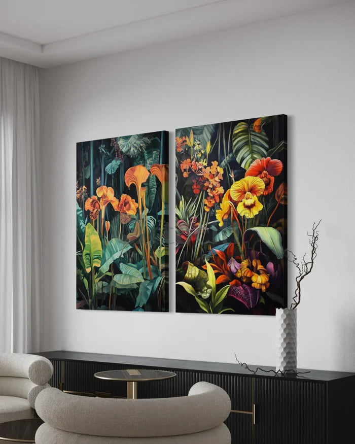 Set of 2 Abstract Tropical Flora Canvas Paintings – Modern Wall Art Decor