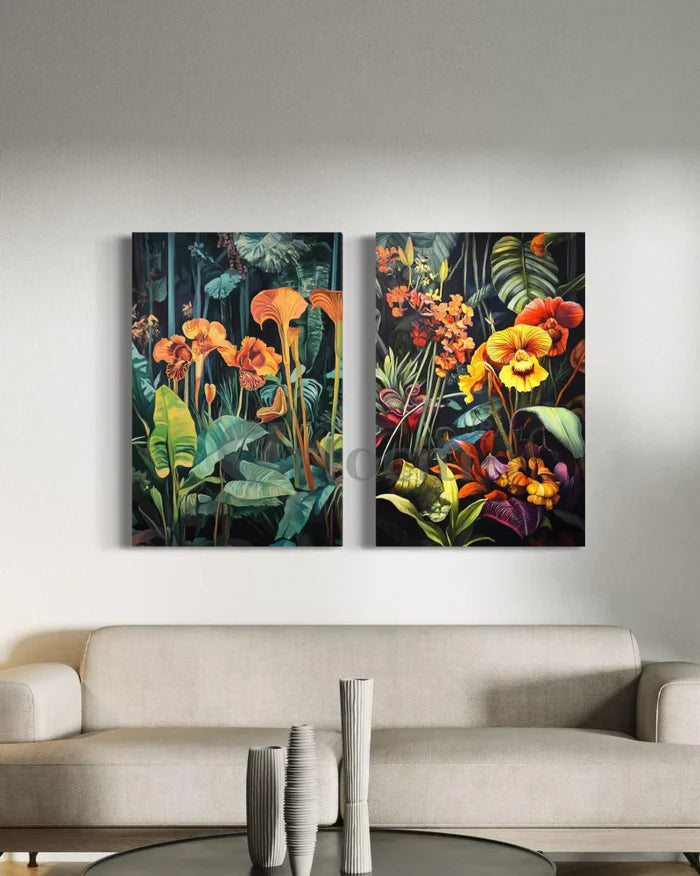 Set of 2 Abstract Tropical Flora Canvas Paintings – Modern Wall Art Decor