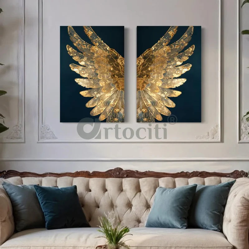 Set of 2 Modern Abstract Golden Angel Wings Canvas Prints Modern Canvas Painting