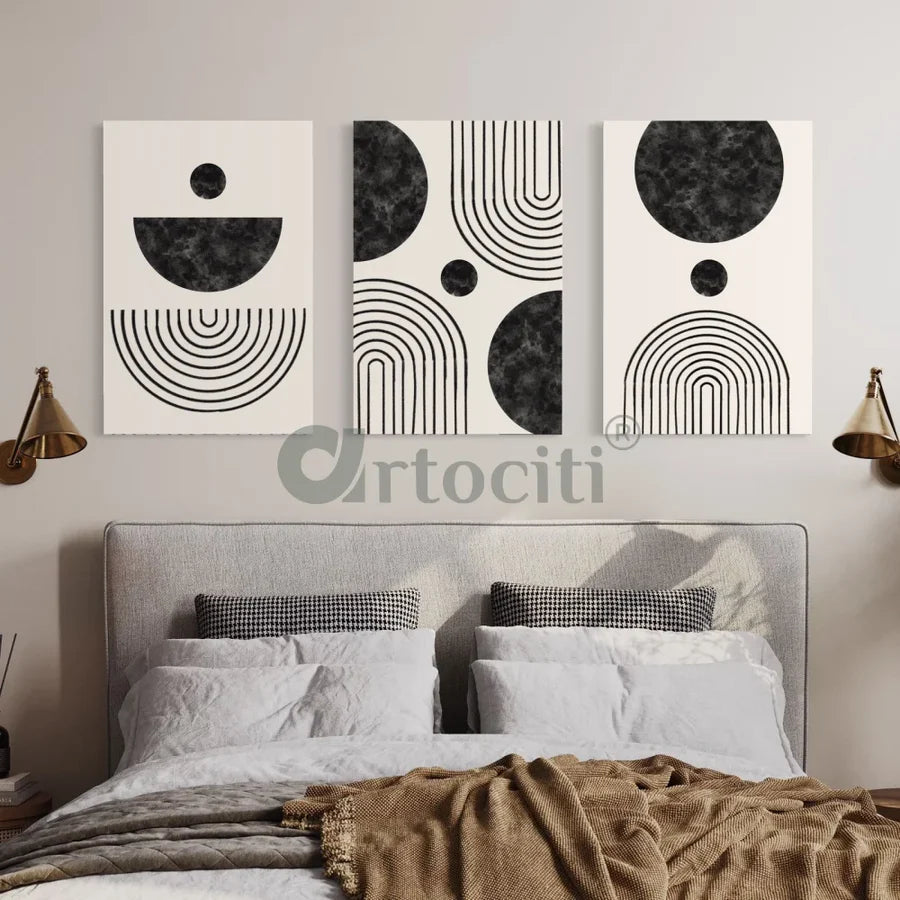 Set of 3 Abstract modern art with geometric balance shapes Bauhaus Art