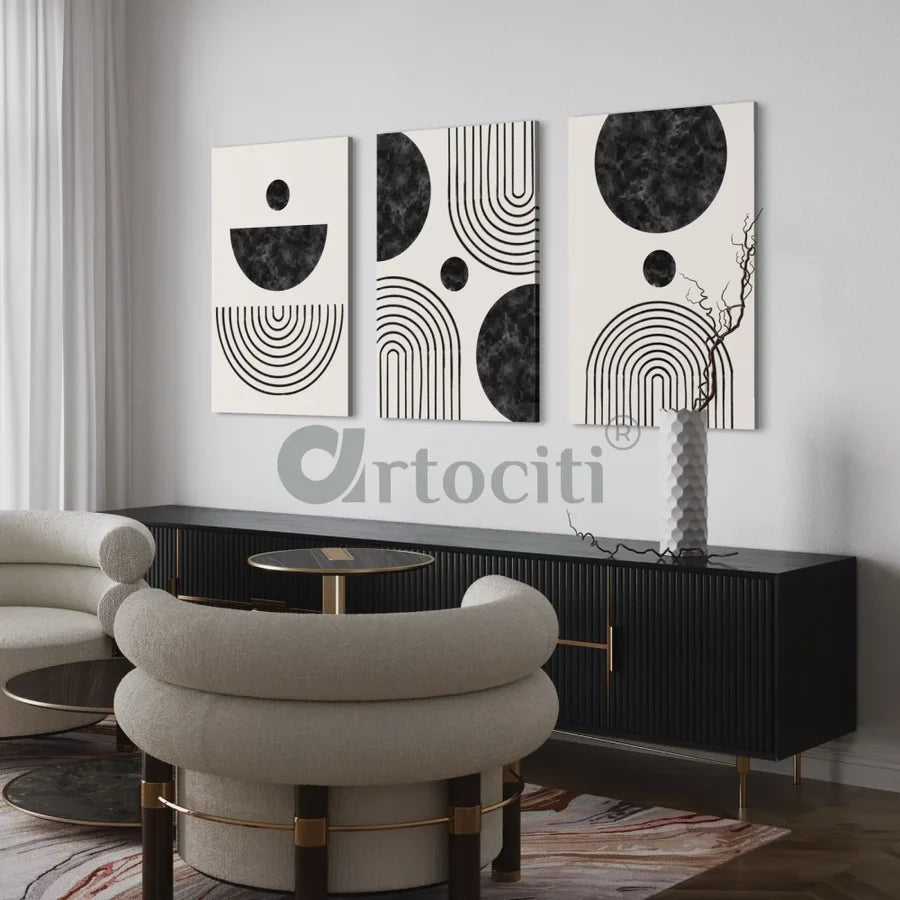Set of 3 Abstract modern art with geometric balance shapes Bauhaus Art