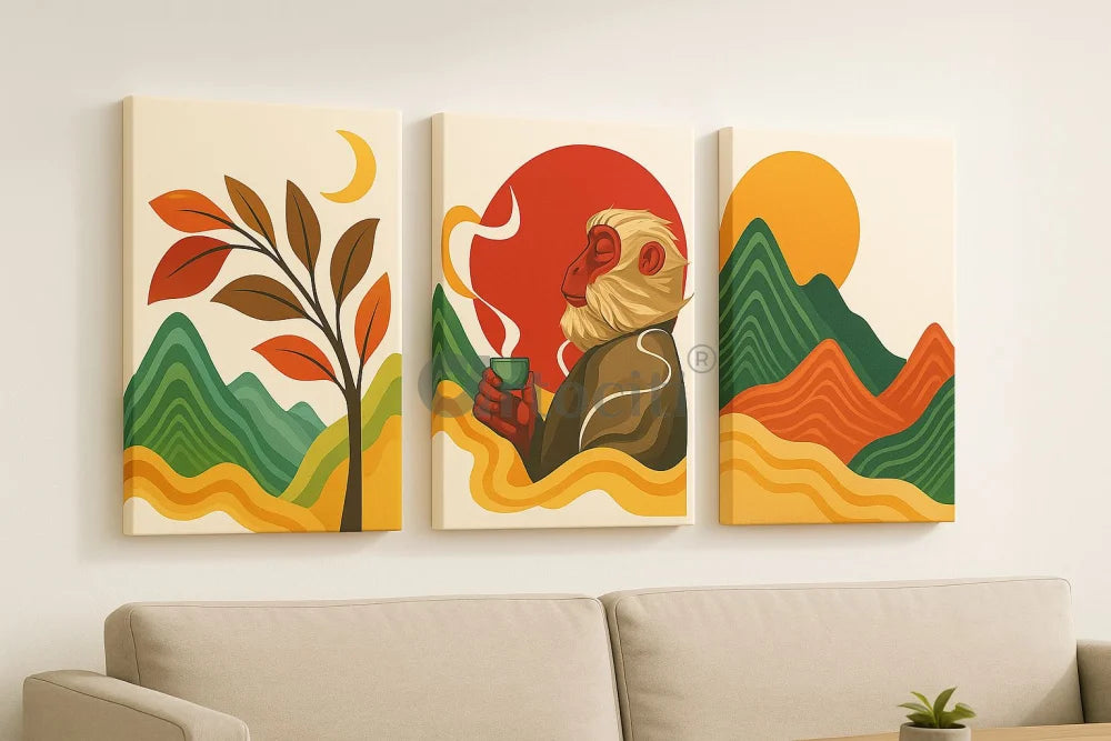 Set of 3 Boho Chic Abstract Monkey & Nature Canvas Wall Painting