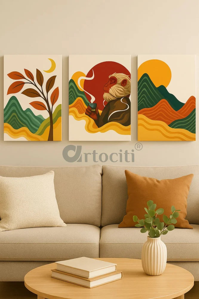Set of 3 Boho Chic Abstract Monkey & Nature Canvas Wall Painting