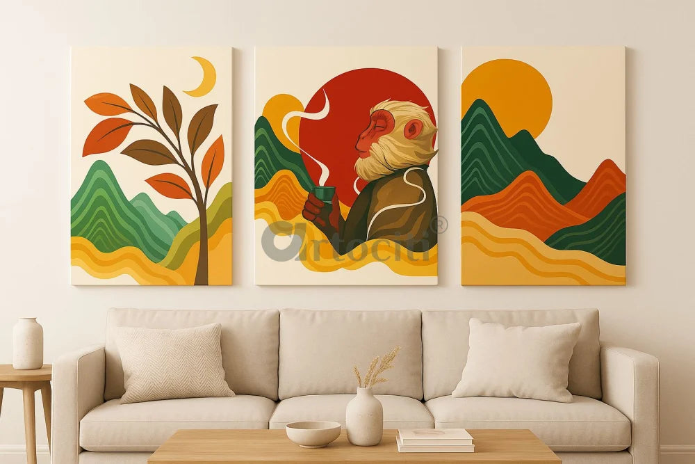 Set of 3 Boho Chic Abstract Monkey & Nature Canvas Wall Painting