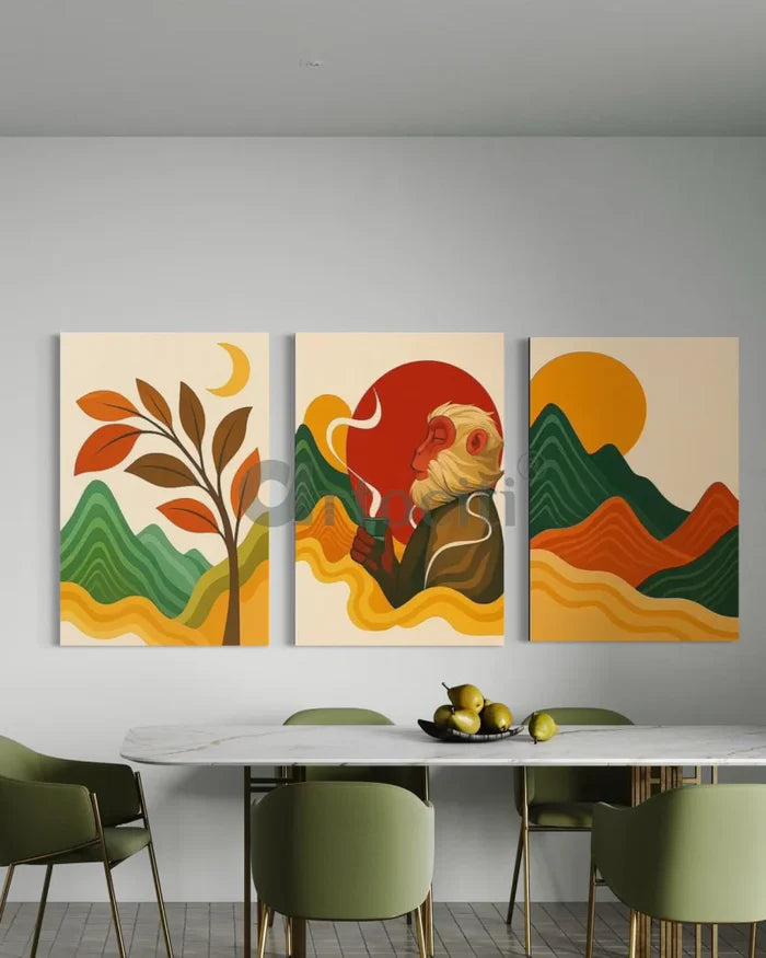 Set of 3 Boho Chic Abstract Monkey & Nature Canvas Wall Painting