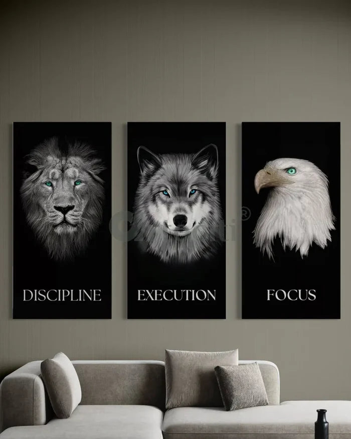 Set of 3 Discipline | Execution | Focus - Motivational Animal Portrait Canvas Paintings | 4X2 Feet