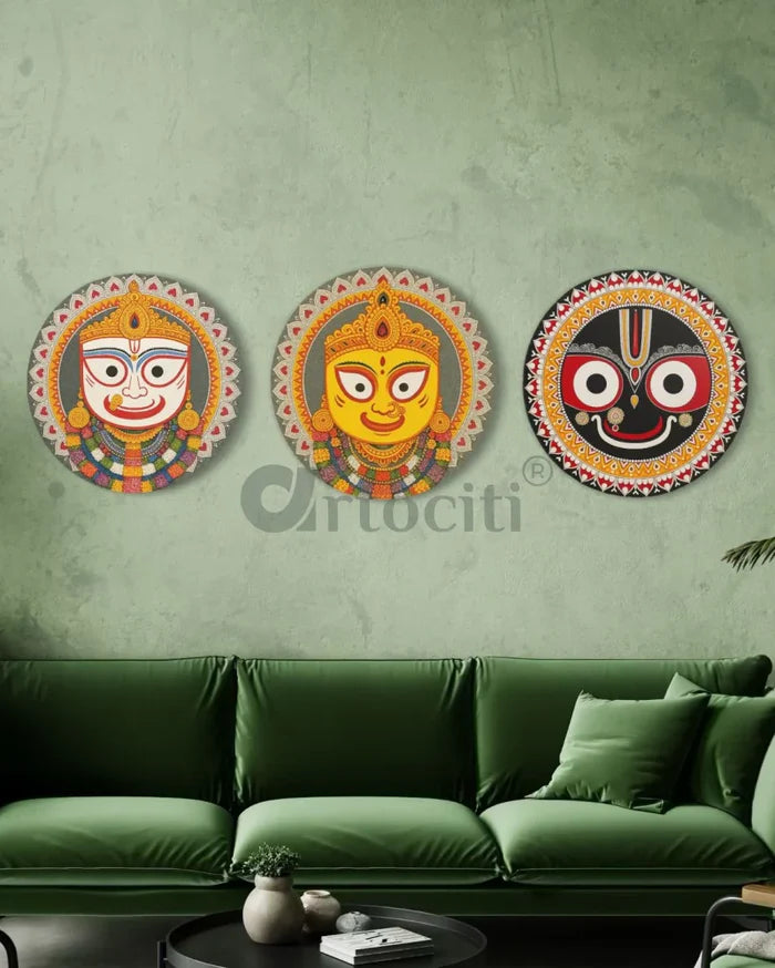 Set of 3 Divine Pattachitra Trio – Jagannath, Subhadra & Balabhadra | Round Canvas Wall Art