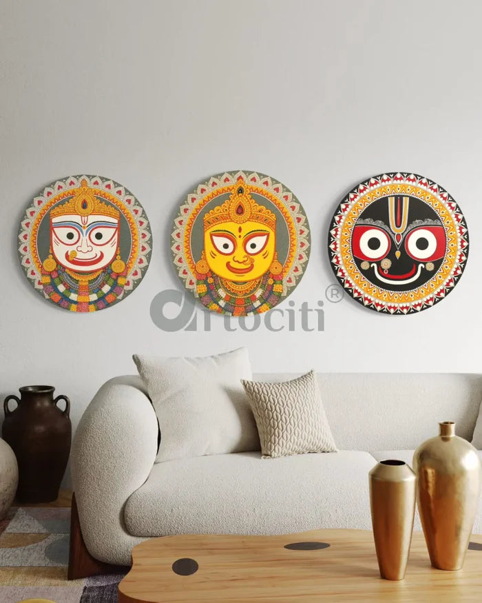 Set of 3 Divine Pattachitra Trio – Jagannath, Subhadra & Balabhadra | Round Canvas Wall Art