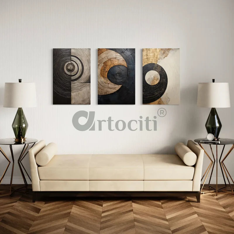 Set of 3 Golden Black Graphic Marble design Abstract Canvas Prints