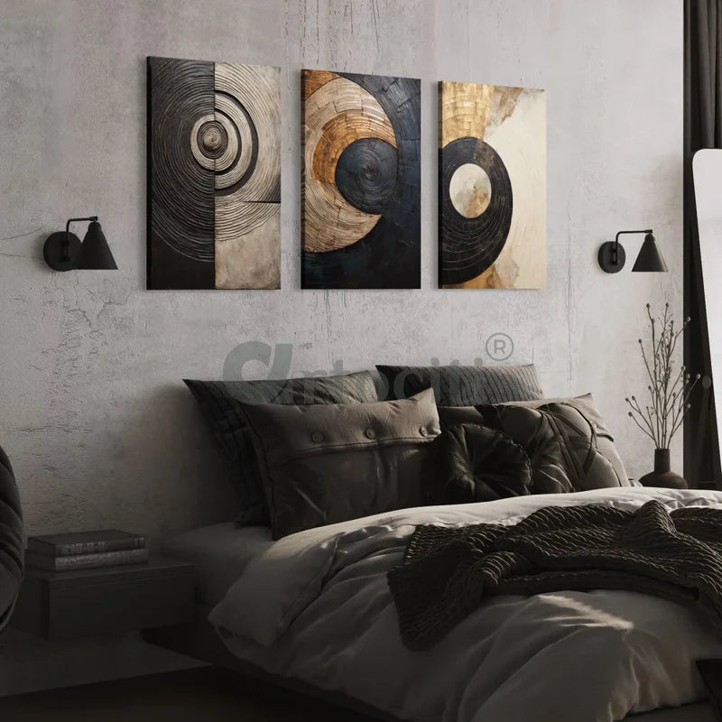 Set of 3 Golden Black Graphic Marble design Abstract Canvas Prints