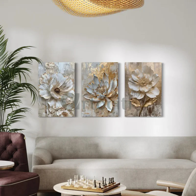 Set of 3 Golden Grey Floral Abstract Canvas Giclee Prints
