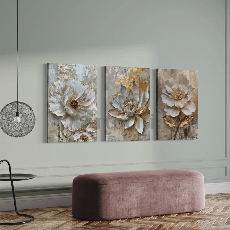 Set of 3 Golden Grey Floral Abstract Canvas Giclee Prints
