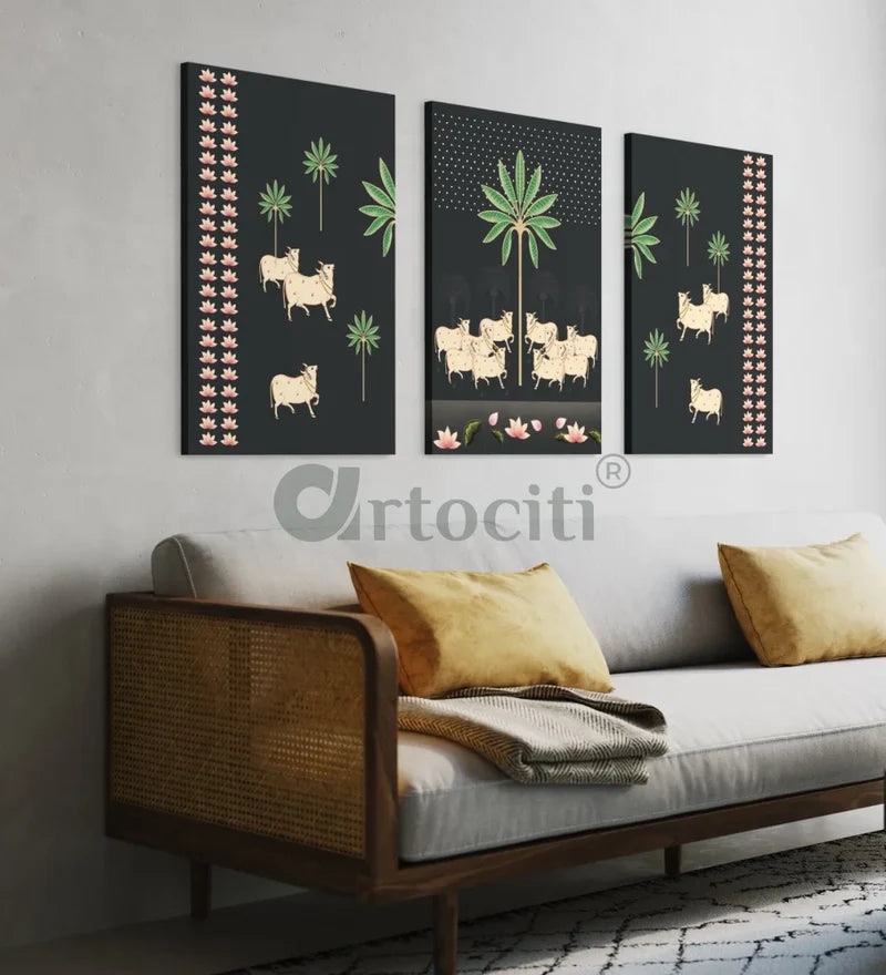 Set of 3 Krishna Pichwai Cow Canvas Prints Premium Quality Wall Art