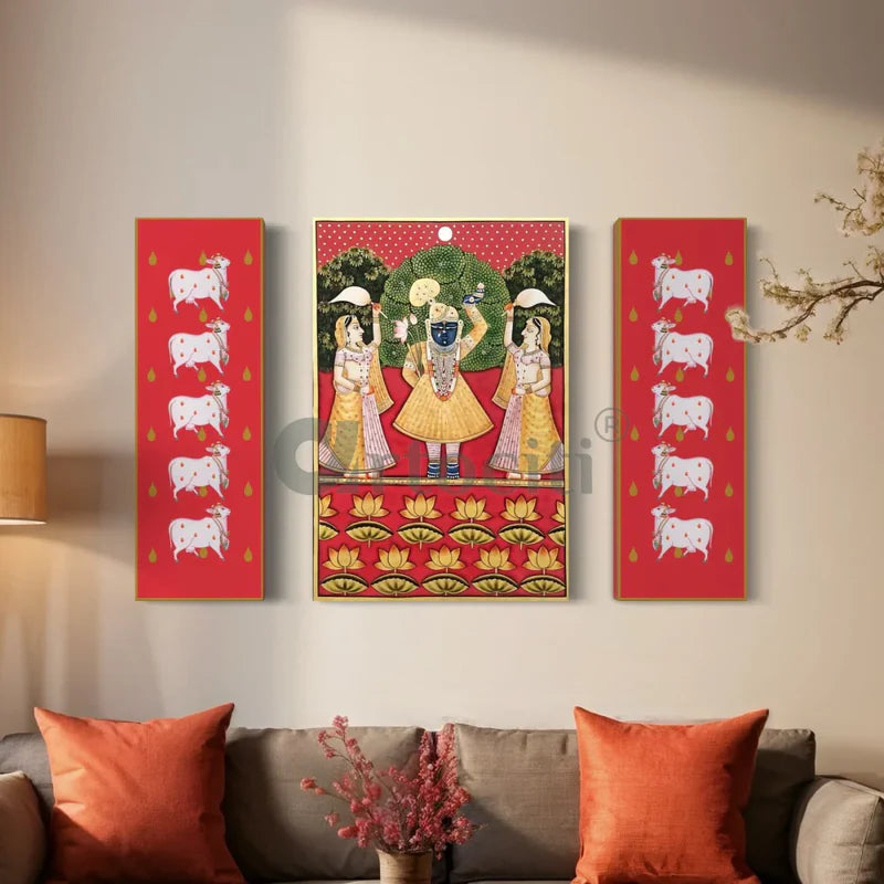 Set of 3 Shreenath Ji with Pichwai Cow in Red Canvas Giclee Prints