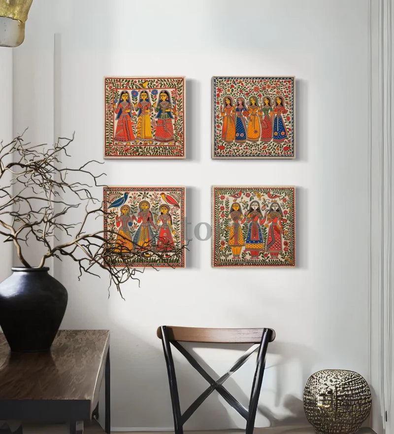 Set of 4 Madhubani Paintings Canvas Prints