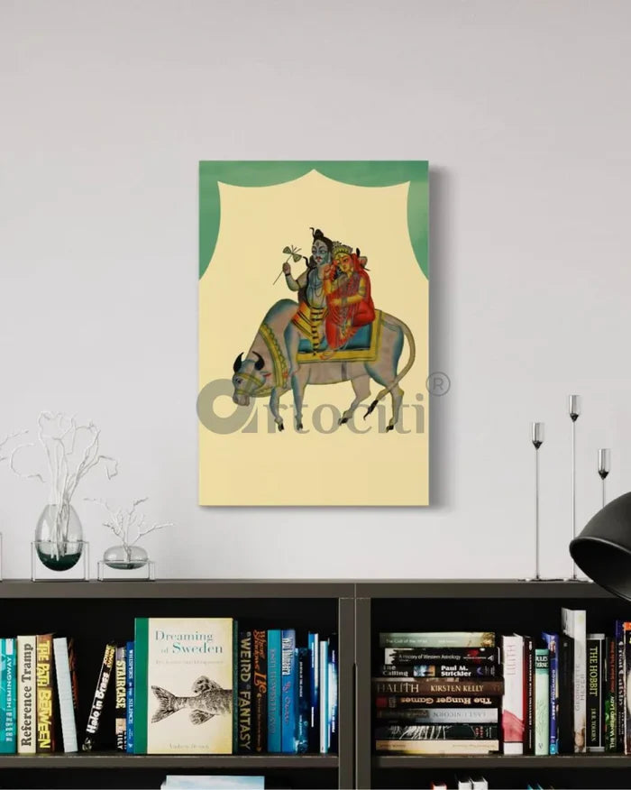Shiva Parvati on Nandi Kalighat Painting Canvas Giclee Print