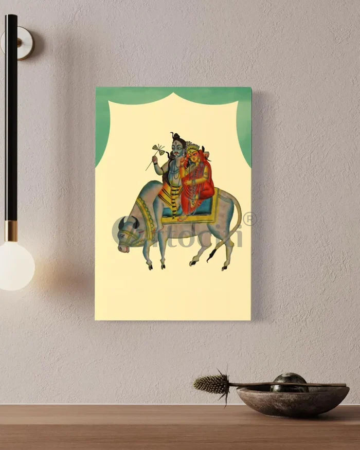 Shiva Parvati on Nandi Kalighat Painting Canvas Giclee Print