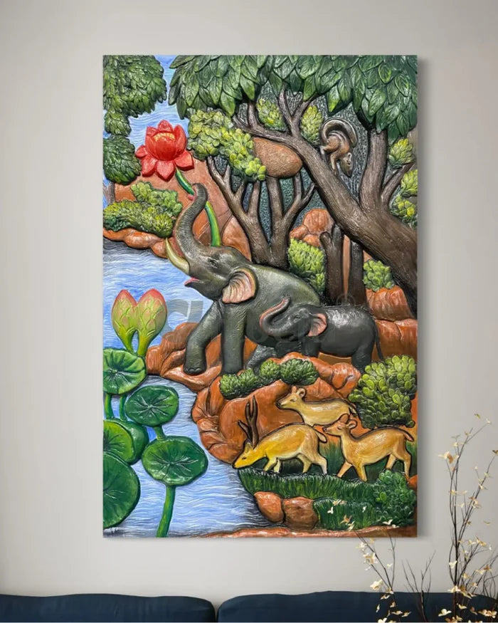 Nature inspired 3D Relief Mural Set - Elephant, Deer, Trees