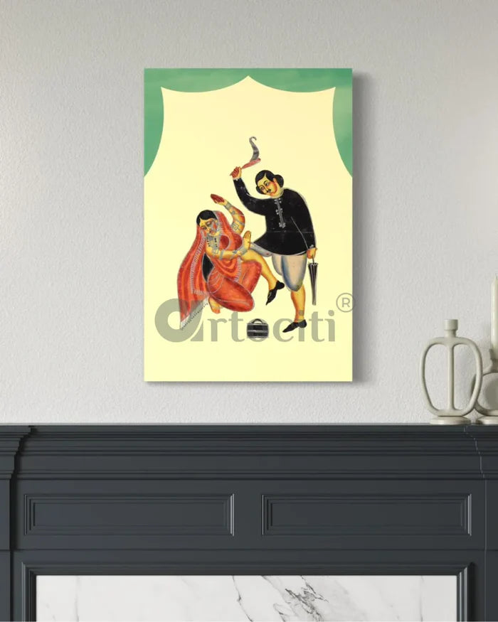 The Clerk Nabin Kills His Wife - Kalighat Painting Canvas Giclee Print
