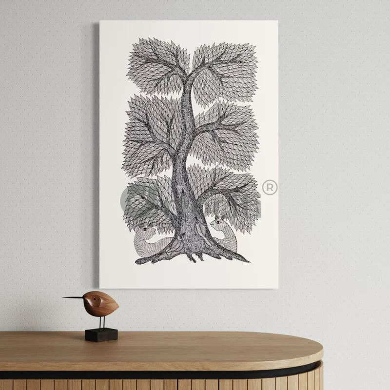 Tree of Life Gond Art Monochrome Canvas Giclee Print