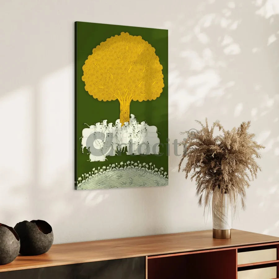 Tree of Life Green Yellow Pichwai Canvas Print
