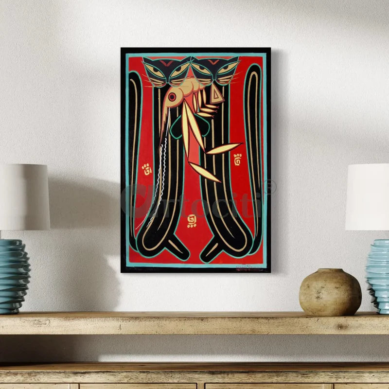 Two Cats with Prawn by Jamini Roy Painting Canvas Giclee Print Kalighat Painting