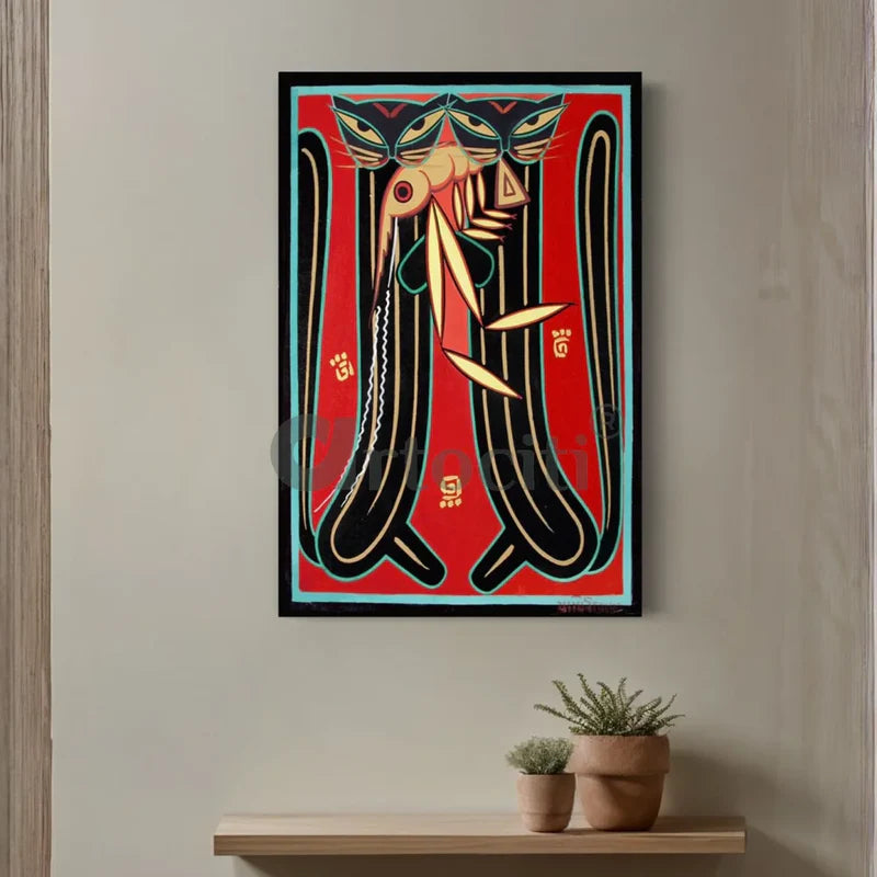 Two Cats with Prawn by Jamini Roy Painting Canvas Giclee Print Kalighat Painting