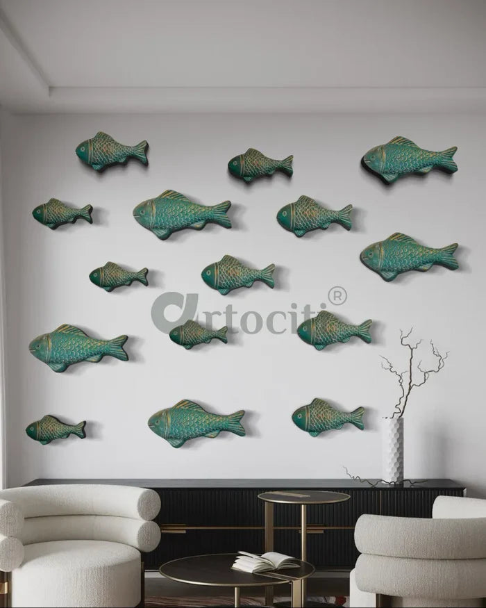 Set of 3 Ocean Blue Patina Finish Sea Bass Fish Relief Mural Wall Art | Ready to Hang