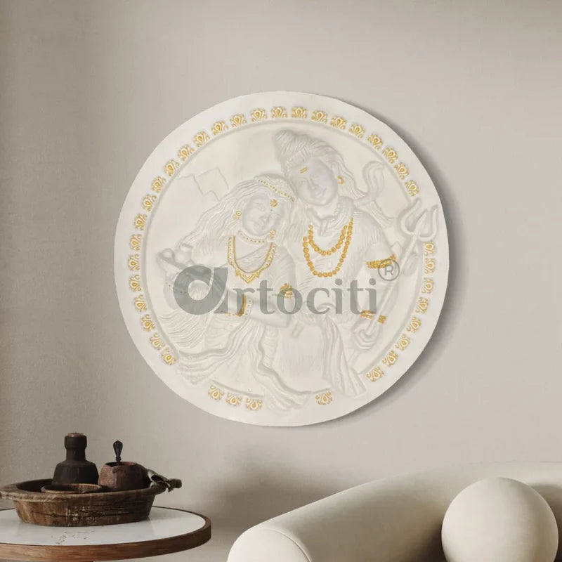31X31 Inches Round Shiva Parvati 3D Relief Mural Wall Art