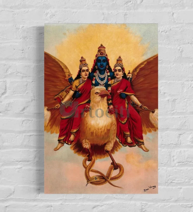 Vishnu on Garuda with His Consorts by Raja Ravi Varma - Famous Canvas Painting