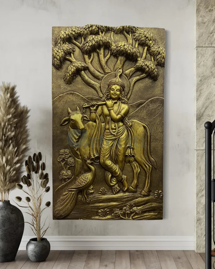48x28 Inches Krishna with Cow 3D Relief Mural