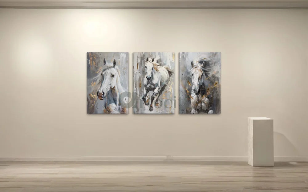 White Horse Trio Modern Abstract Canvas Giclee Print Set