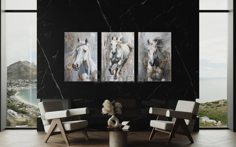 White Horse Trio Modern Abstract Canvas Giclee Print Set