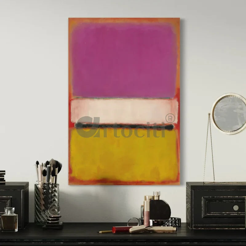 White in Center, Yellow, Pink and Lavender on Rose Abstract Art By Mark Rothko