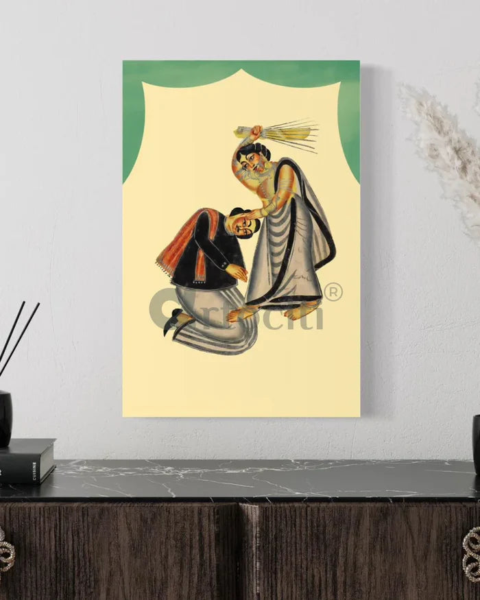 Woman Striking Man with Broom Kalighat Painting Canvas Giclee Print
