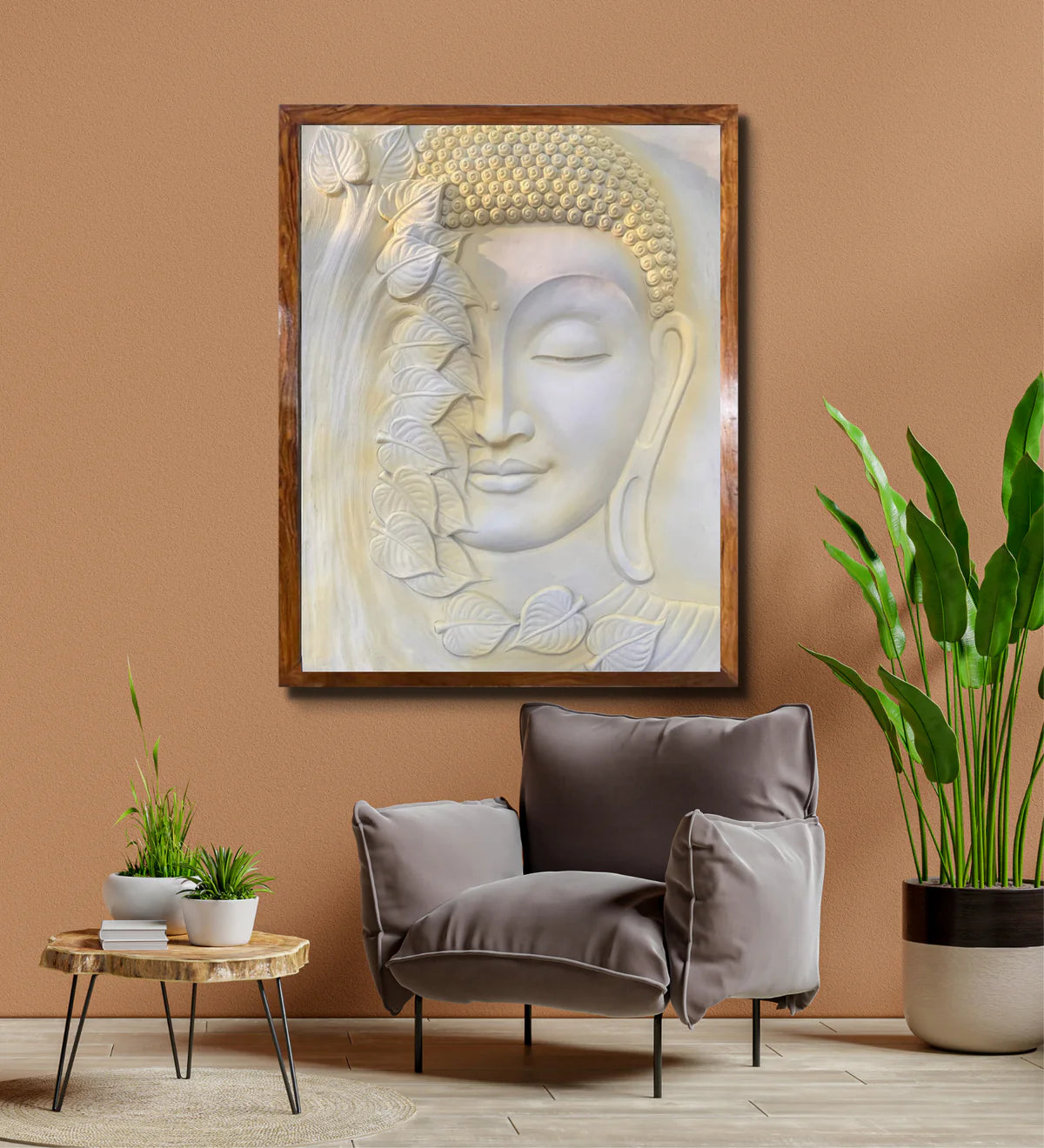4x3 Feet Large Size 3D Buddha With Green Leaves Relief Mural Wall Art