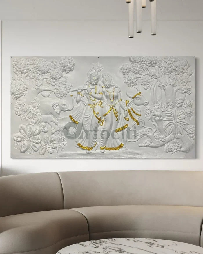 7x4 Feet Radha Krishna 3D Elevation Sculpture Relief Mural Wall Art