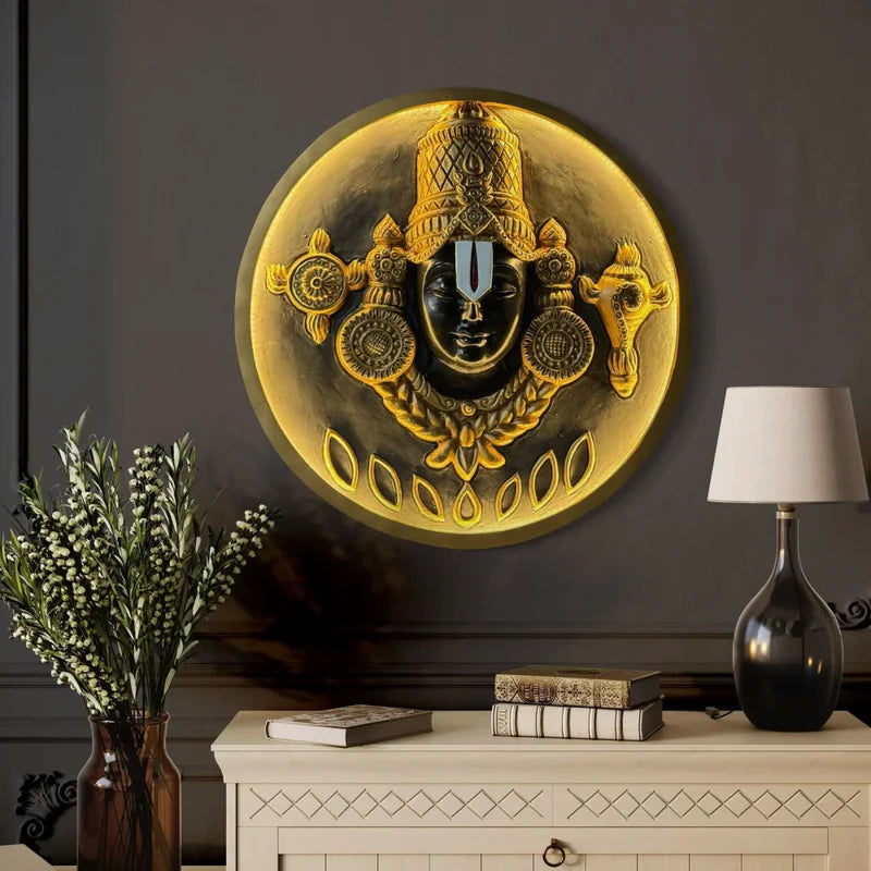 24X24 inch Tirupati Balaji 3D Relief Mural with LED Wall Hanging Spiritual Wall Art