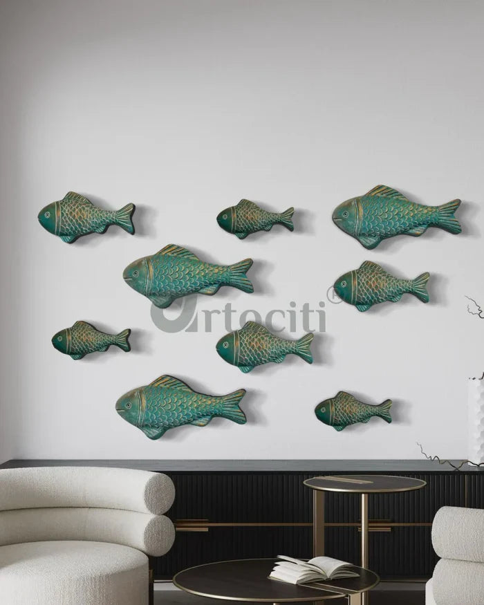 Set of 3 Ocean Blue Patina Finish Sea Bass Fish Relief Mural Wall Art | Ready to Hang