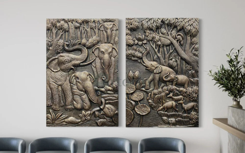Nature inspired 3D Relief Mural Set - Elephant, Deer, Trees