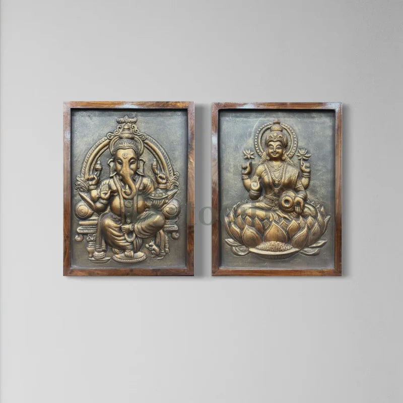 Lord Ganesh & Goddess Laxmi Relief Mural Wall Art Set of 2