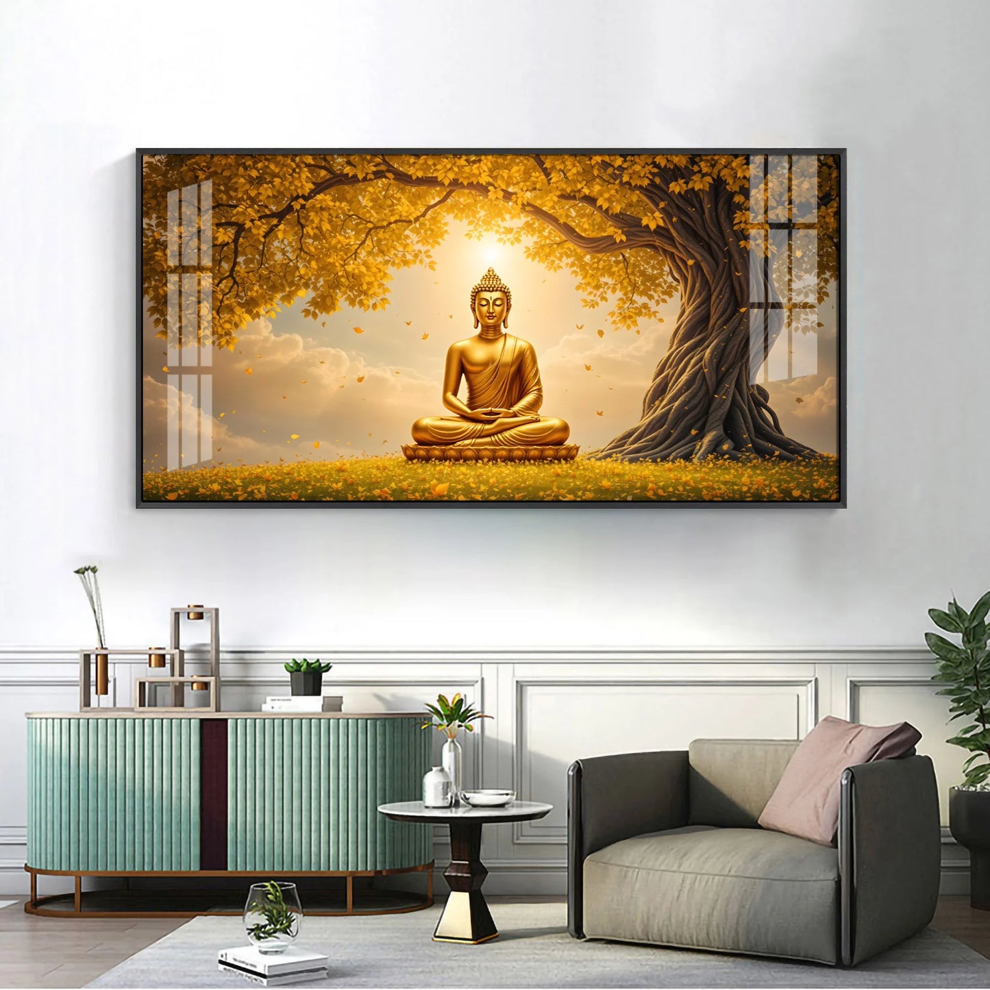 Meditating Buddha Under Goldern Tree Premium Acrylic Horizontal Wall Art