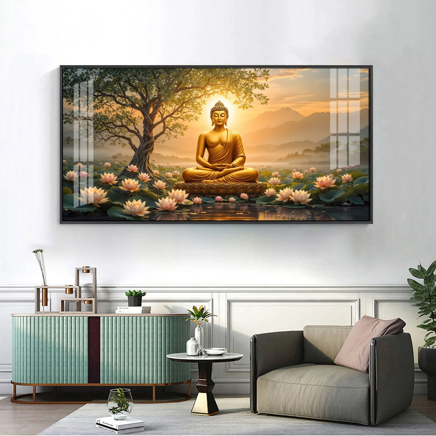 Blissful Buddha With Lotus Petal Premium Acrylic Horizontal Wall Art
