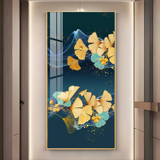 Golden Autumn Flowers Luxury Crystal Vertical Wall Art